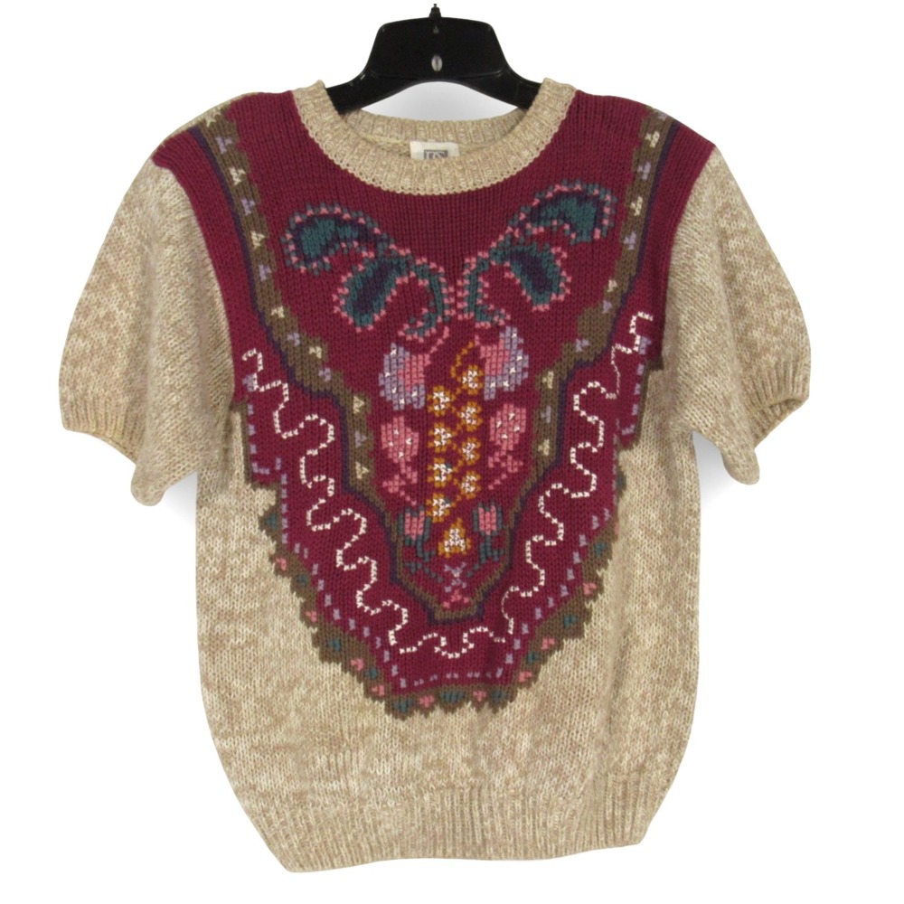 VTG 80' PS SPORT Beige PAISLEY DESIGN Short Sleeve COTTAGECORE Knit SWEATER Sz S